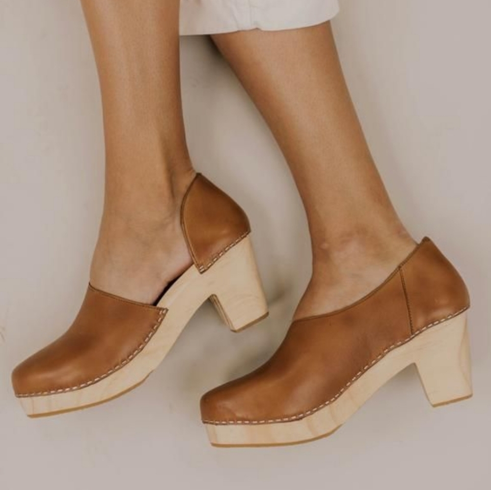 Free People Monroe Wood Clog 38 Leather Upper 8 Cognac Tan